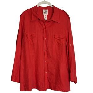 Chaus Organic Linen Button Up Blouse XL Coral Blaze Epaulettes Long Sleeve
